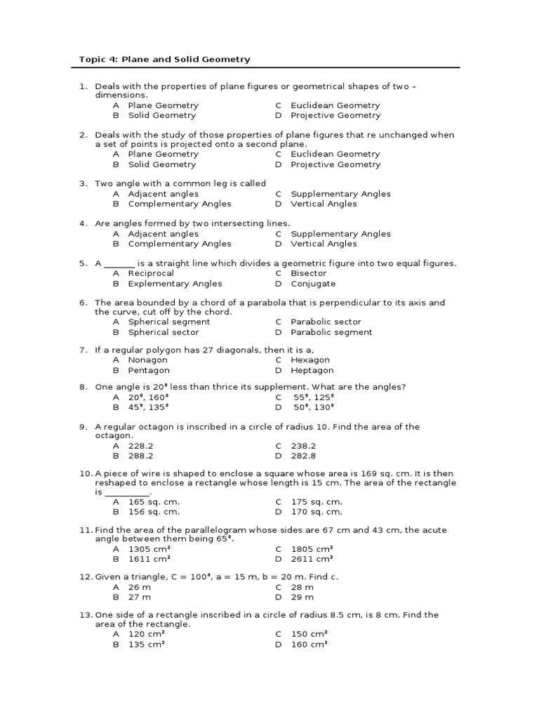Plane and Solid Geometry Exam Guide | PDF | Area | Circle