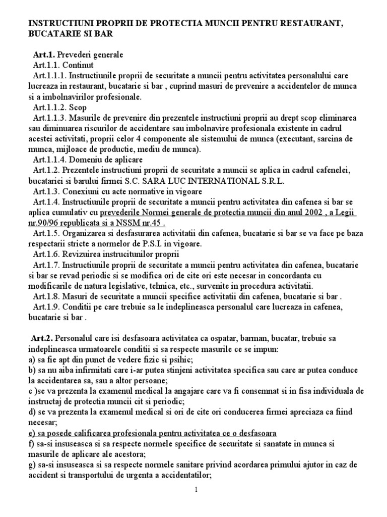 Instructiuni Proprii de Protectia Muncii Pentru Restaurant | PDF