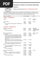 New Zealand Select Committee Meetings September 16-20, 2013