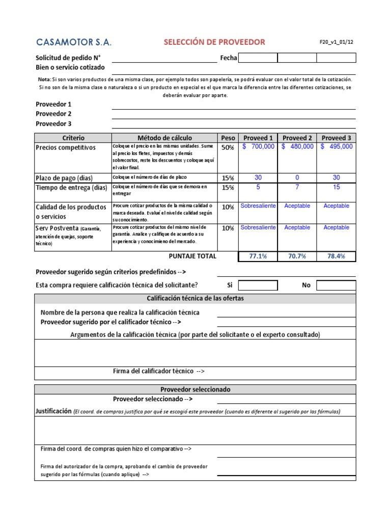 Formato Para Seleccionar La Mejor Oferta Precios Economias