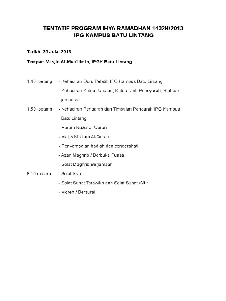 Tentatif Program Ihya Ramadhan 1432H | PDF