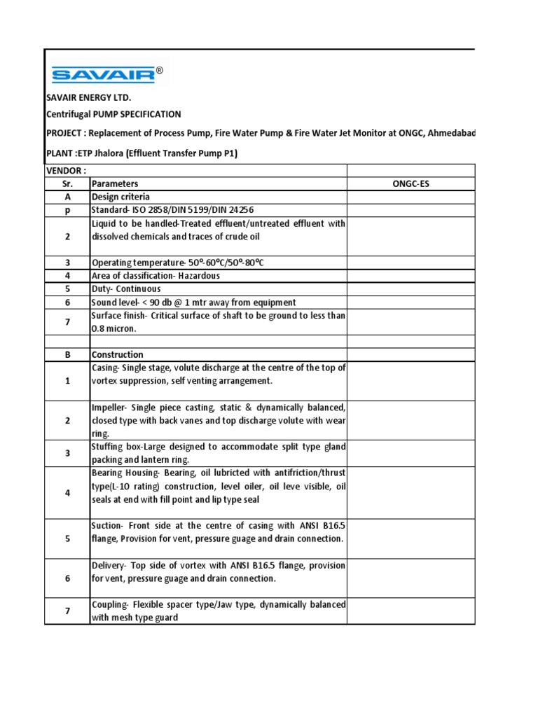 Centrifugal PUMP SPECIFICATION Pump Electric Motor