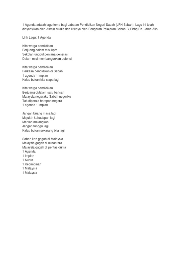 1 Agenda Adalah Lagu Tema Bagi Jabatan Pendidagendakan Negeri Sabah Pdf