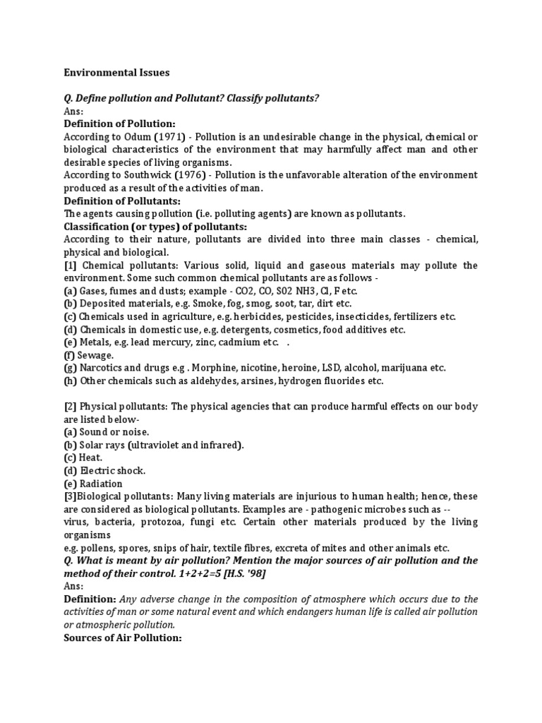 Q. Define Pollution and Pollutant? Classify Pollutants?: Environmental ...