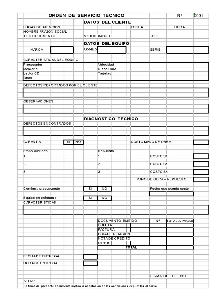 Orden de Servicio Tecnico Reparacion Pc
