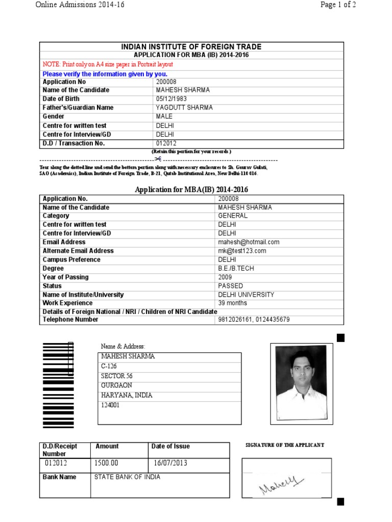 IIFT MBA (IB) 2014-2016 Application Form | PDF | Career & Growth ...