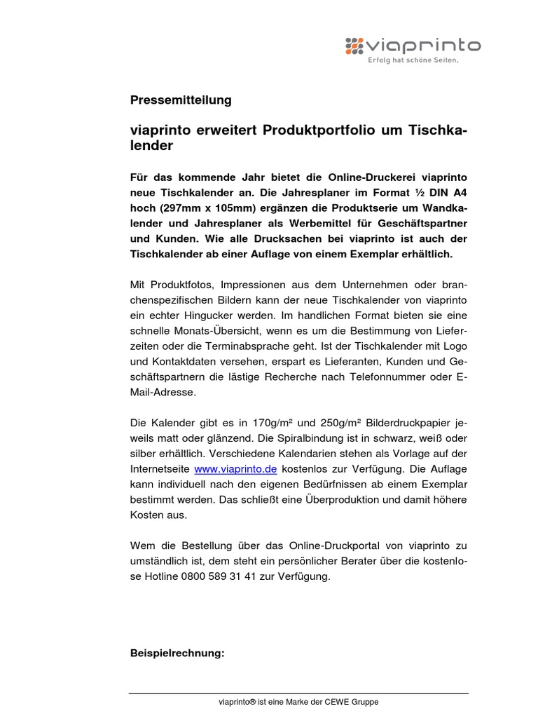 Pressemitteilung Tischkalender