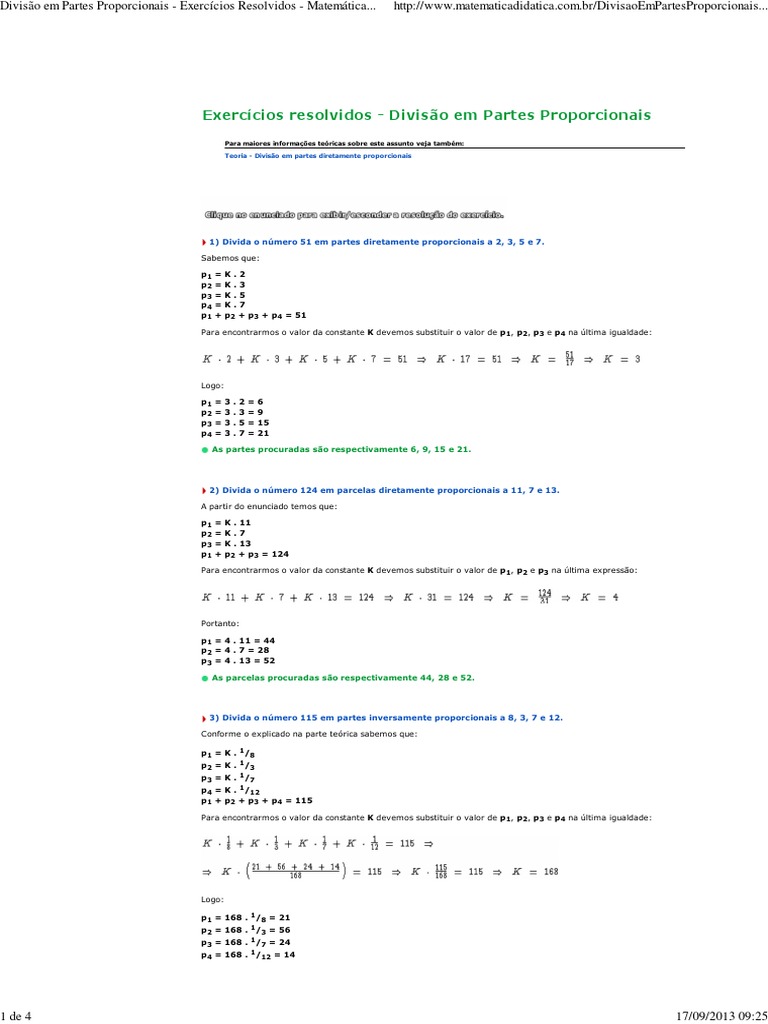 Divisão em Partes Proporcionais - Exercícios Resolvidos | PDF | Ensino ...