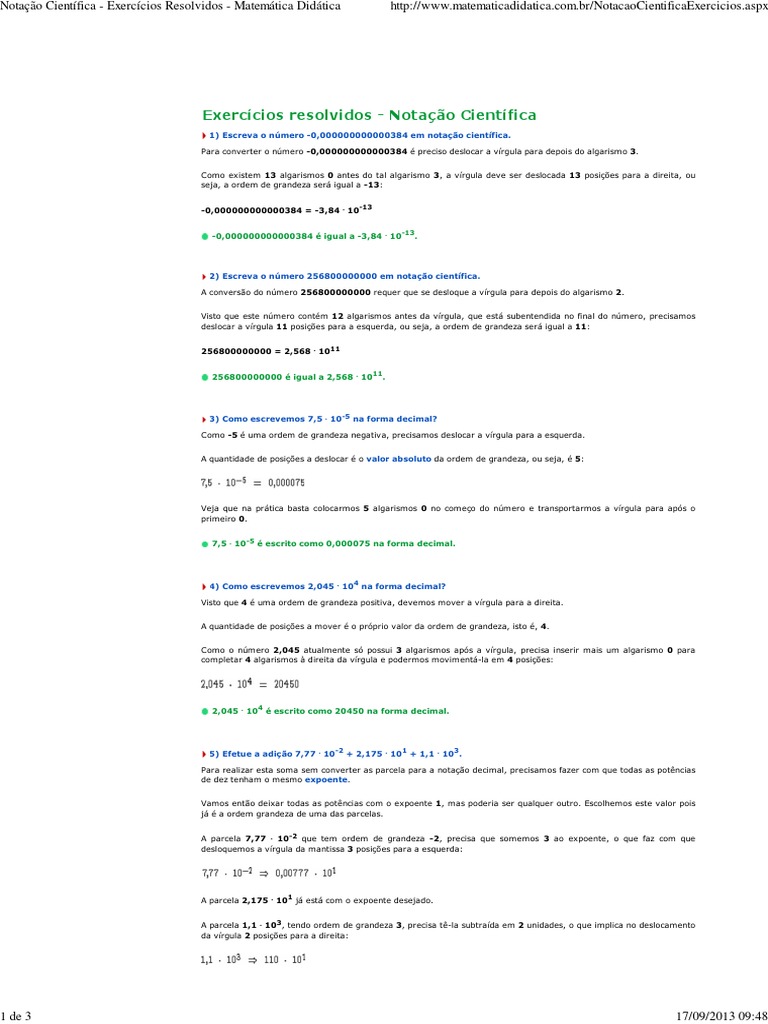 Exercícios Resolvidos de Notação Científica | PDF | Exponenciação | Números