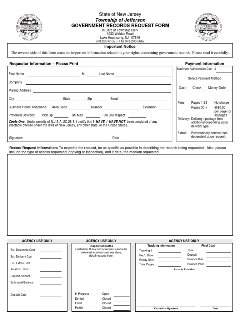 Jefferson Township OPRA Request Form Discovery (Law) Privacy