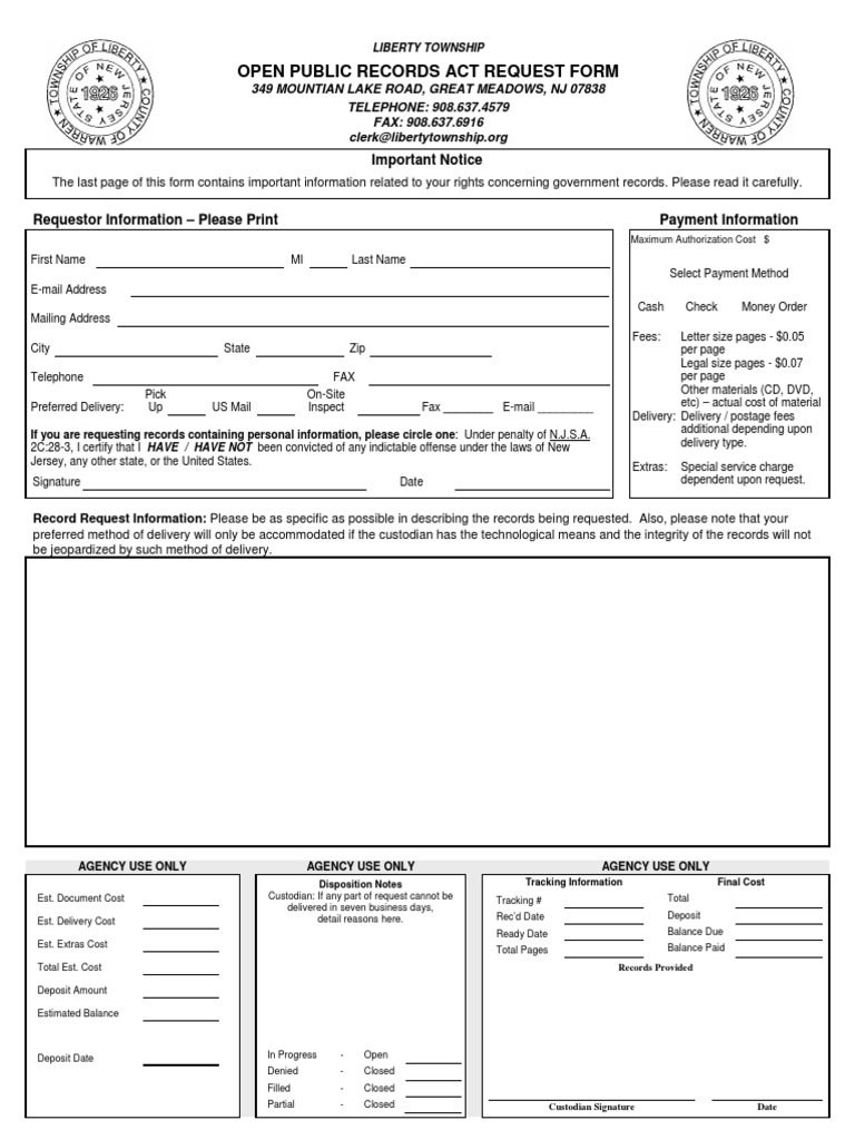 Liberty Township OPRA Request Form | PDF | Discovery (Law) | Computer ...