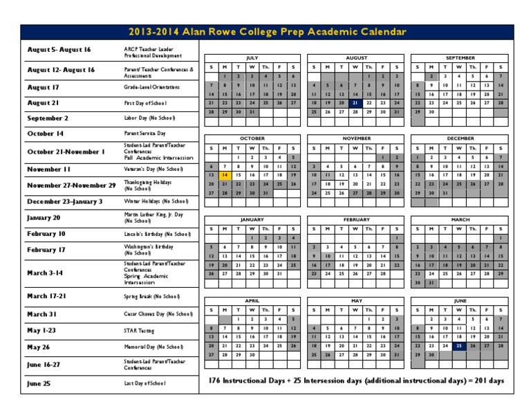 Alan Rowe College Prep 2013 14 Calendar PDF Holidays Observances