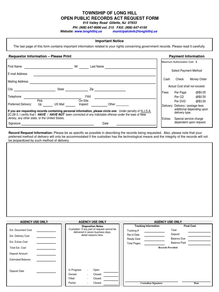Long Hill OPRA Request Form PDF Discovery (Law) Computer Security