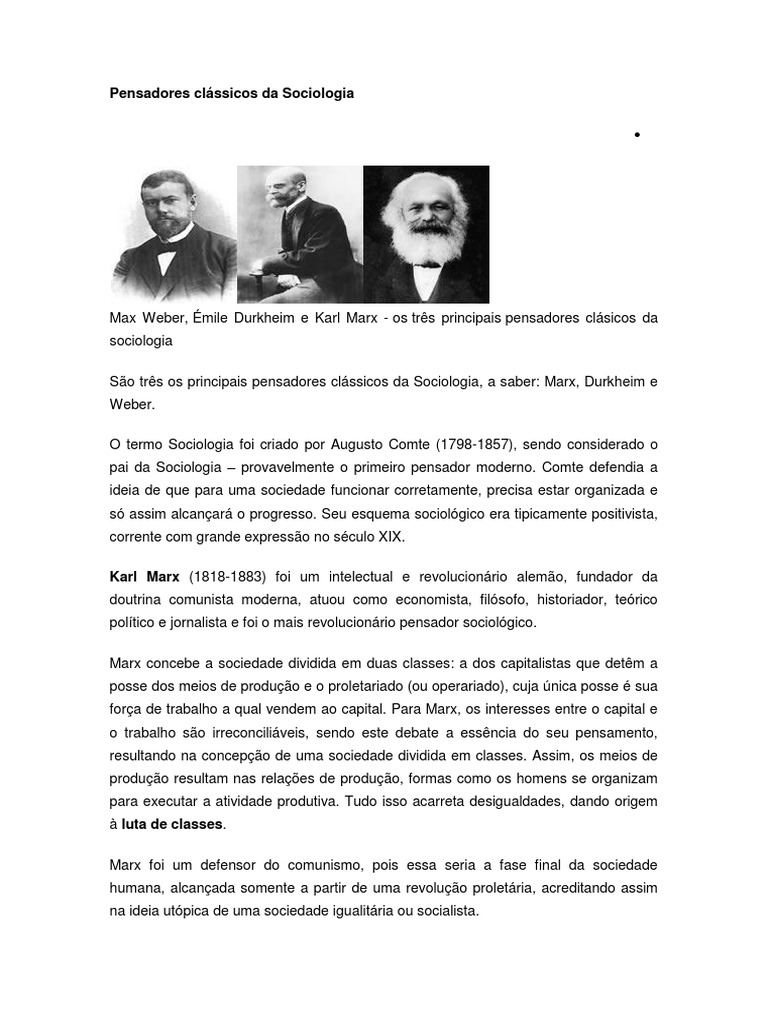 Pensadores clássicos da Sociologia | PDF | Sociologia | Karl Marx