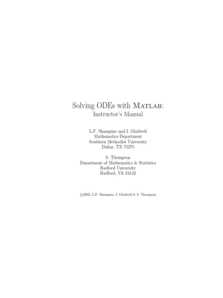 Solving ODEs With Matlab Instructors Manual | Download Free PDF ...