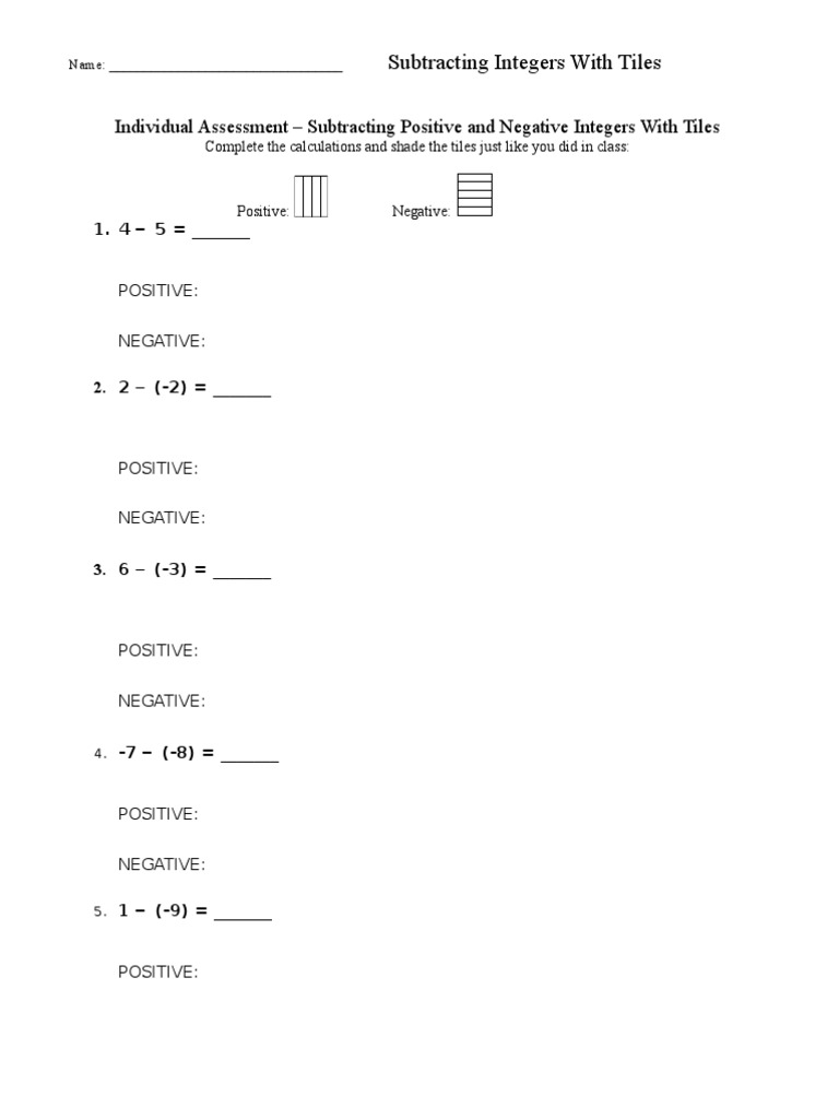 Subtracting Integers with Tiles Worksheet | PDF | Career & Growth ...