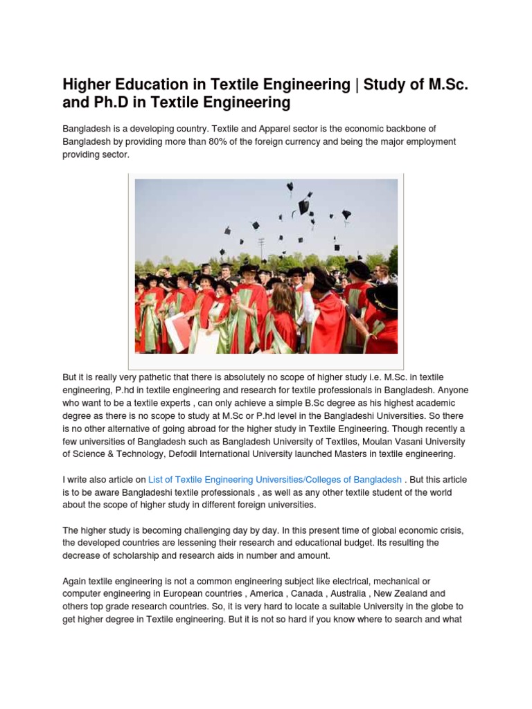 Higher Education in TEXTILE ENGINEERING | PDF | Master Of Science ...