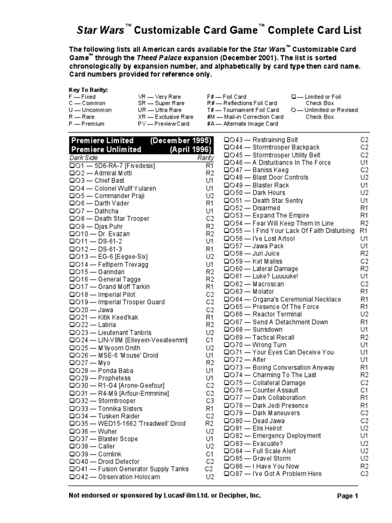 Star Wars CCG Master Card List PDF