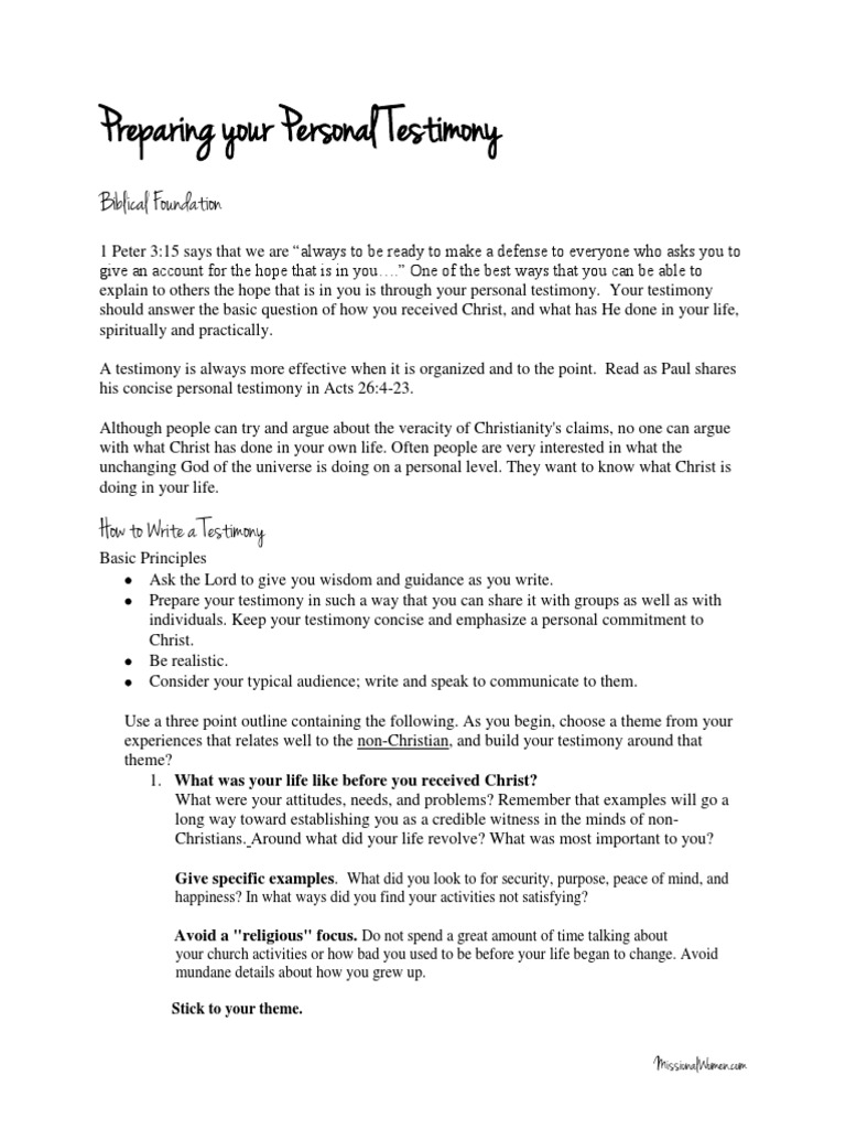 Preparing Your Personal Testimony and Worksheet | Born Again | Testimony