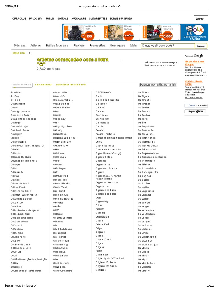 Listagem de Artistas - Letra O | PDF | Lazer | Entretenimento (geral)