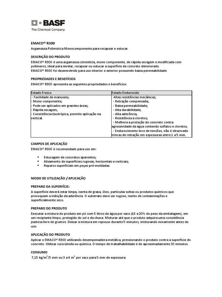 Argamassa Polimérica EMACO® R300 | PDF | Argamassa (alvenaria ...