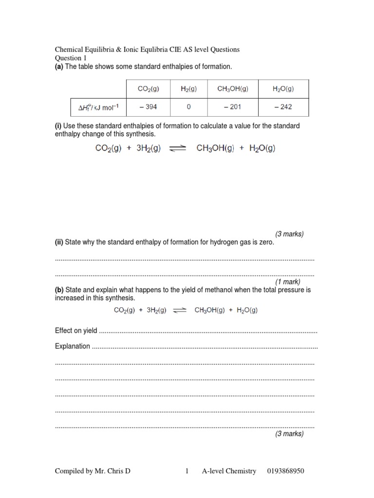 A-Level Chemistry Equilibrium Questions | PDF | Chemical Equilibrium ...
