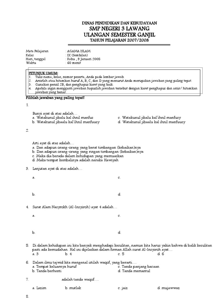 Soal Uts Agama Islam Kelas 9 Dan Jawabannya