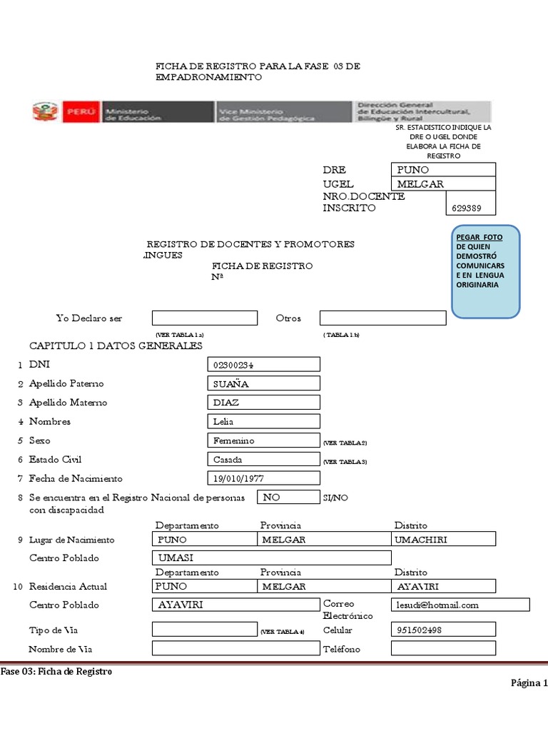 Ficha de Registro Docente EIB PUNO | PDF | Multilingüismo | Educación ...