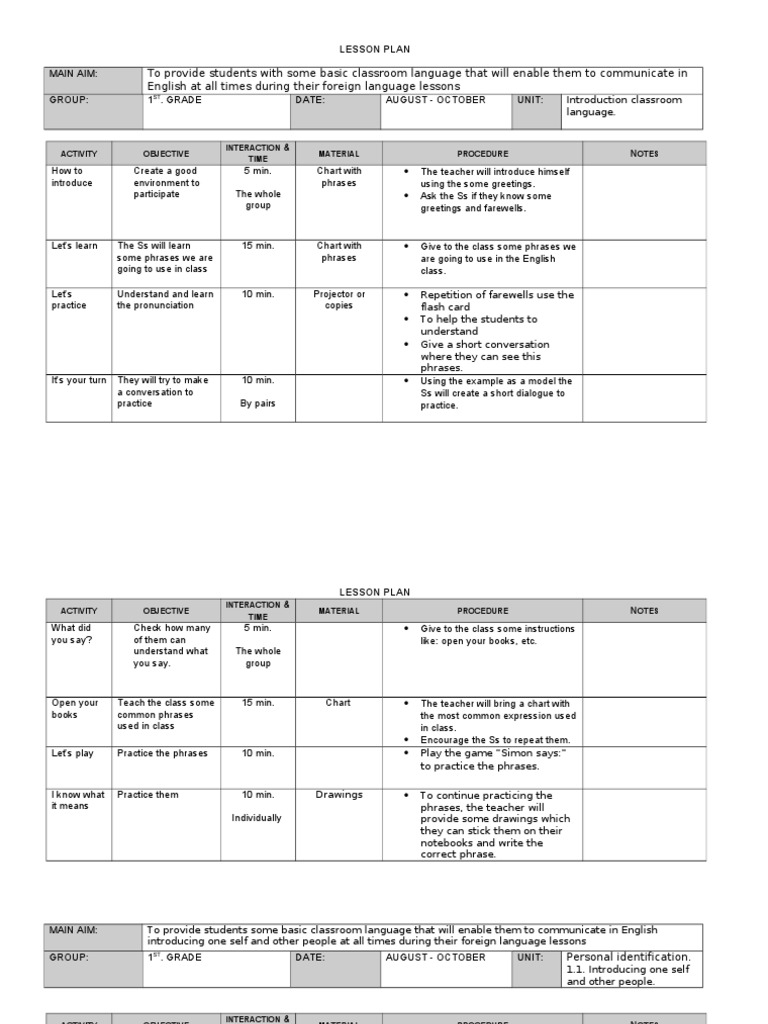 English Lesson Plan 1st. Grade 07-08 | Lesson Plan | Classroom