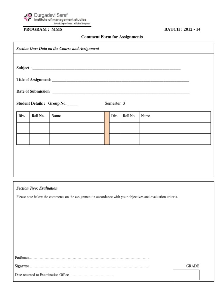 Program: Mms Batch: 2012 - 14 Comment Form For Assignments | PDF