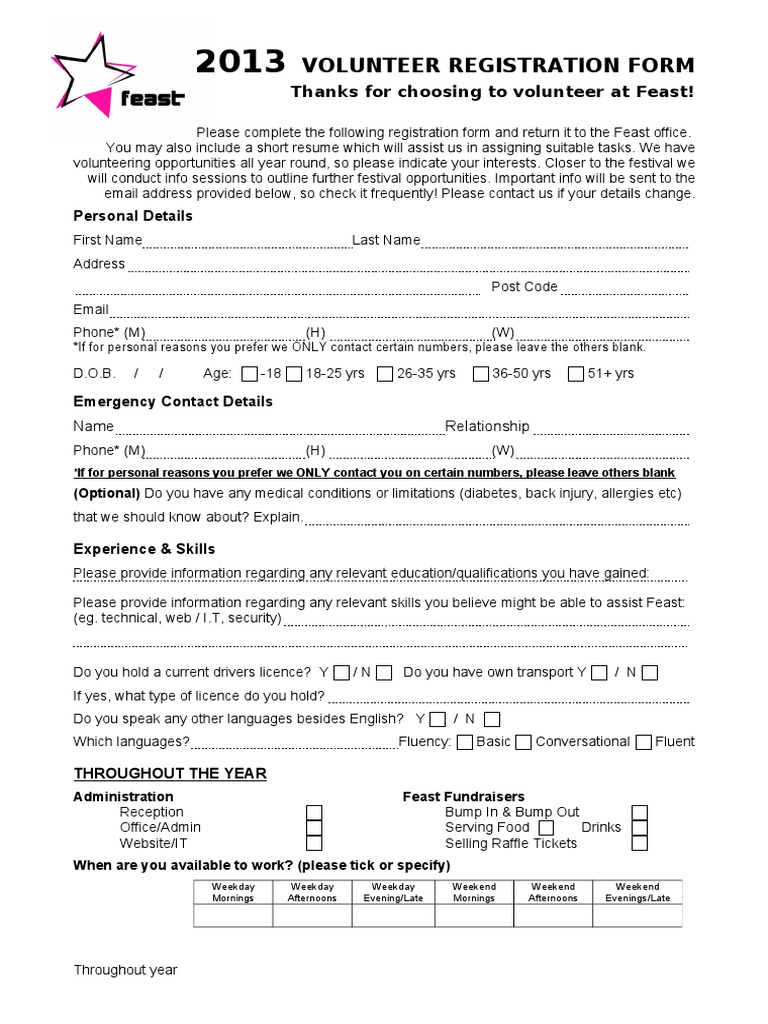 Feast Volunteer Registration 2013 | PDF | Volunteering | Personally ...