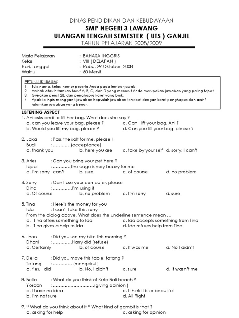 0809 UTS Ganjil Bahasa Inggris Kelas 8 PDF Leisure