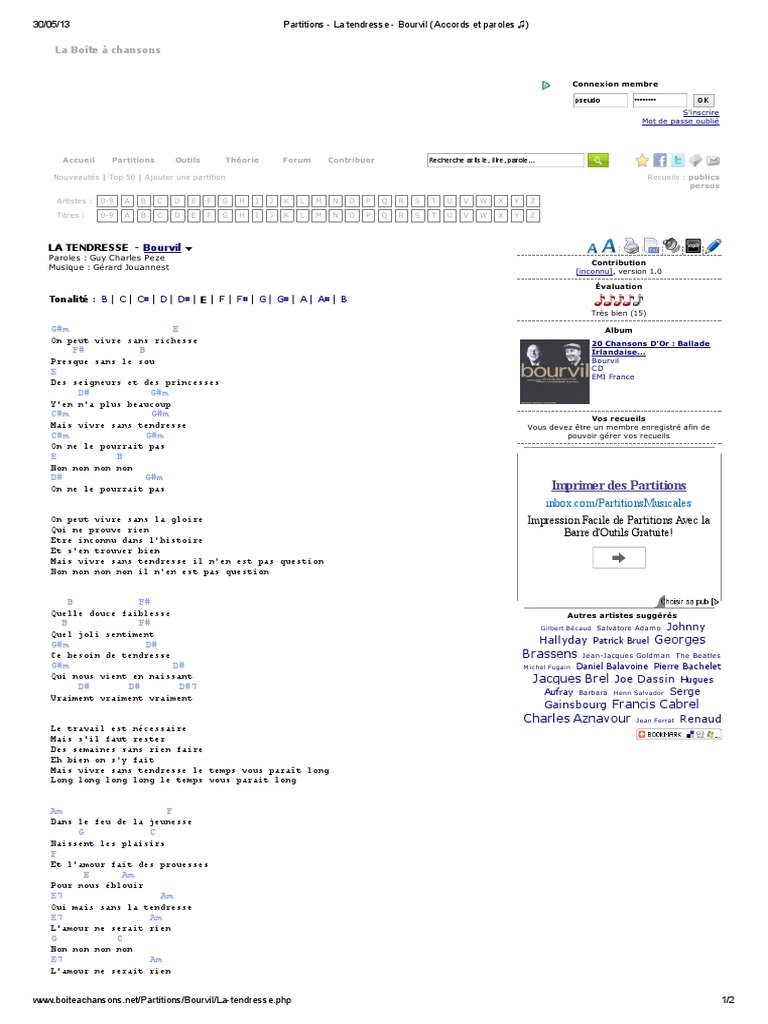 Partitions La tendresse Bourvil (Accords et paroles ♫) Loisirs