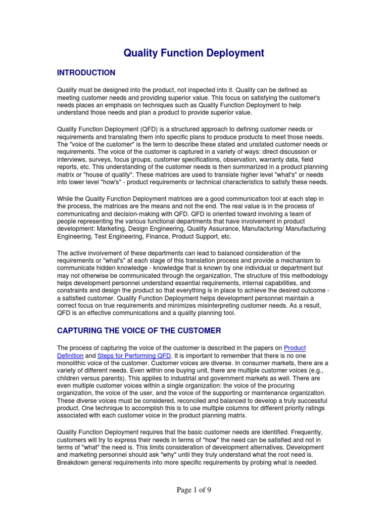 Quality Function Deployment | PDF