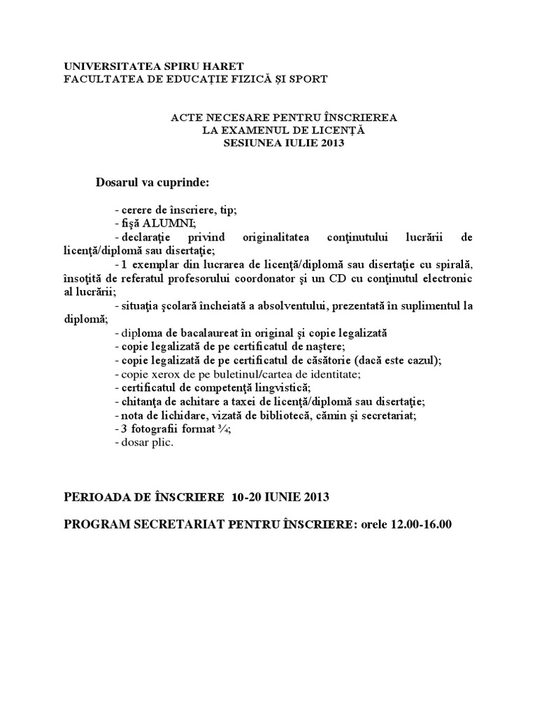 Dosarul Va Cuprinde Universitatea Spiru Haret Facultatea De EducaÅ£ie FizicÄ Si Sport