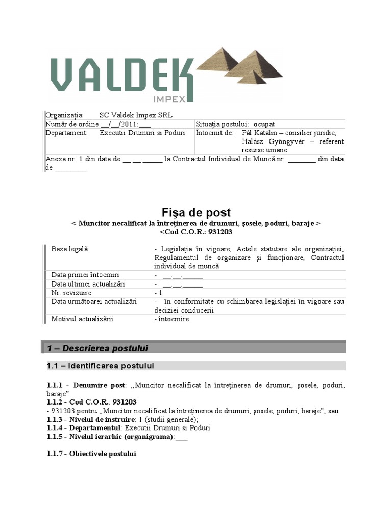 Muncitor Necalificat Constructii Model Fisa Post - Muncitor Necalificat in Constructii | PDF