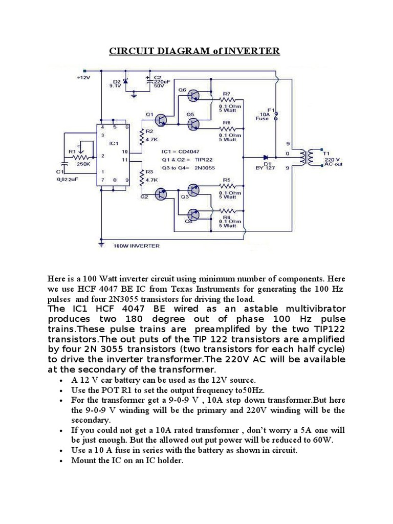 100W Inverter Circuit Diagram | PDF | Power Inverter | Transformer