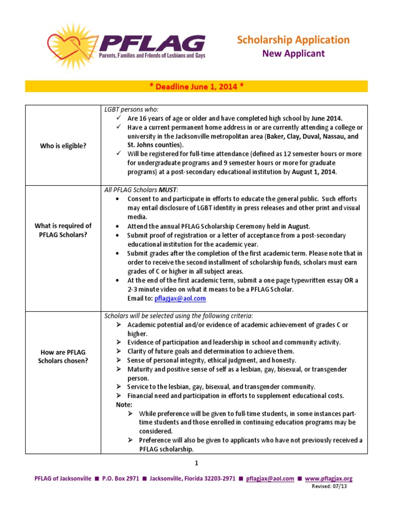 PFLAG Jacksonville Scholarship Application | PDF | Lgbt | LGBTQIA+ Studies