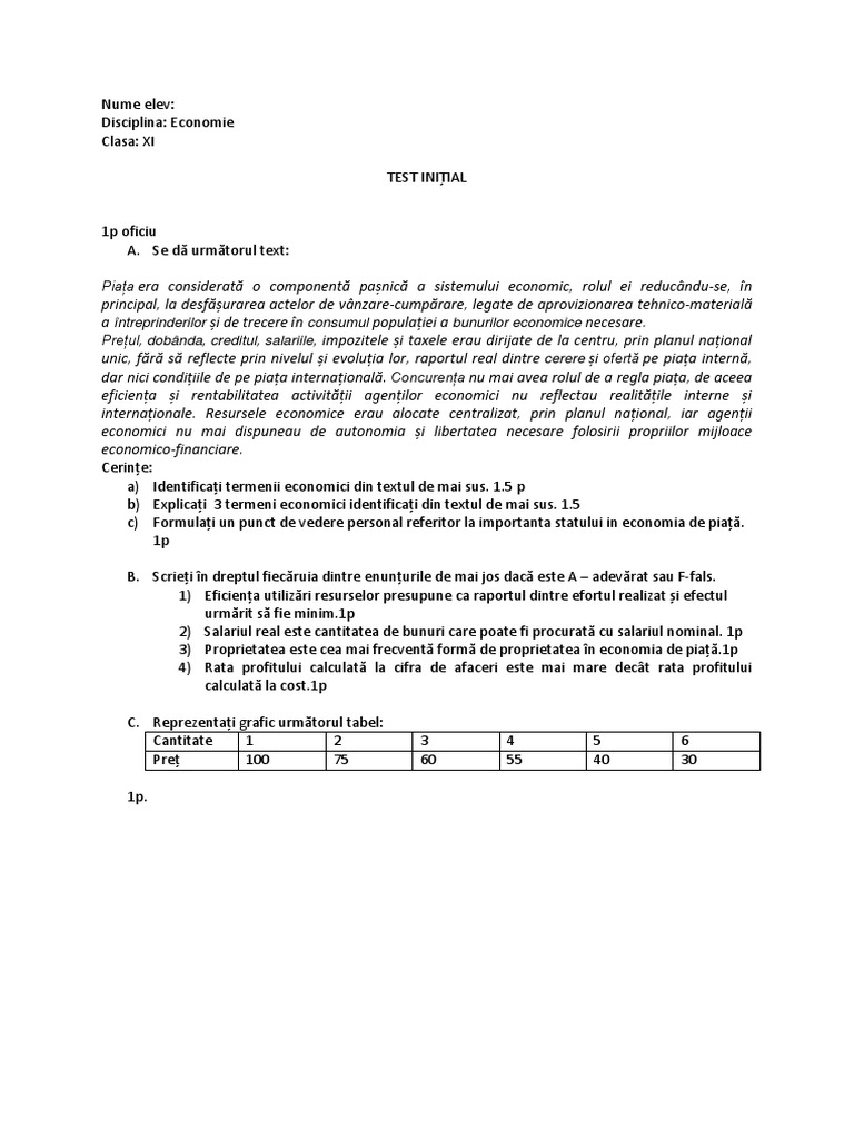 Test Initial Economie XI Sub | PDF