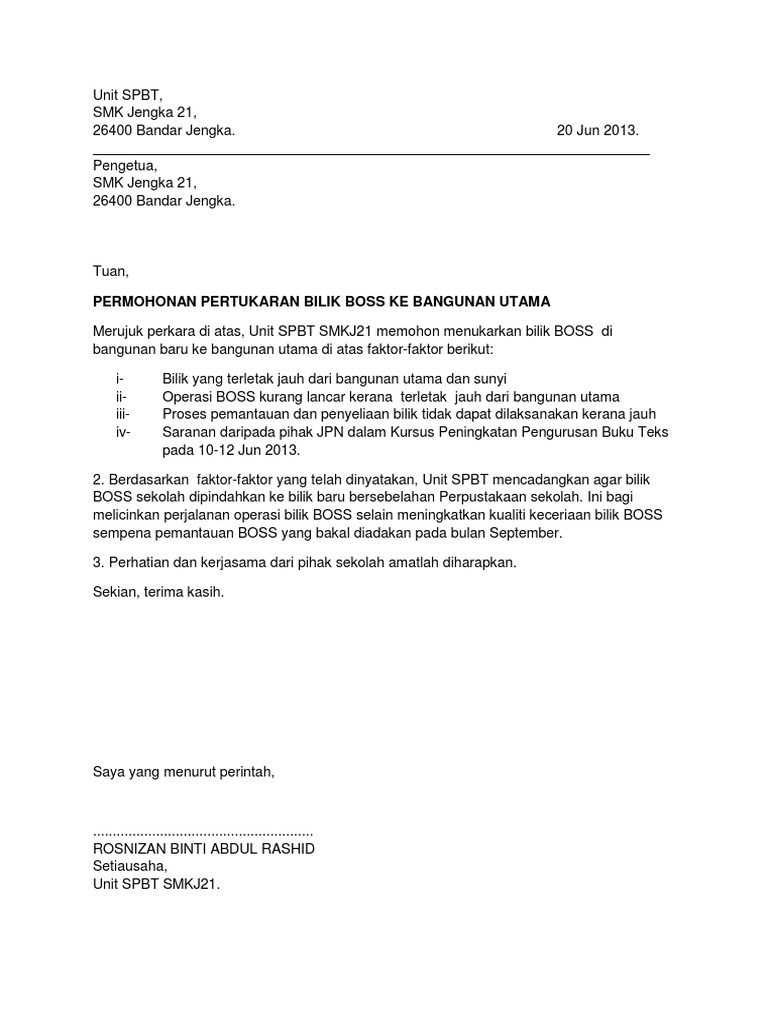 Contoh Surat Lantikan Penyelaras Spbt