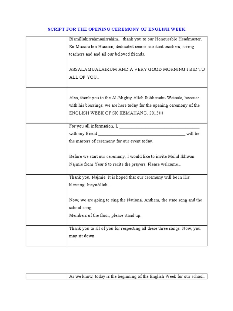 Script For The Opening Ceremony Of English Week Pdf
