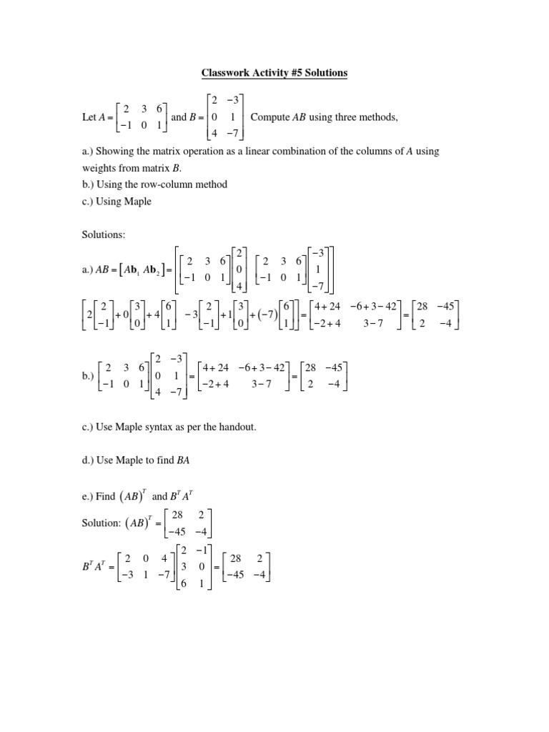 Classwork Activity #5 With Solutions | PDF | Matrix (Mathematics ...