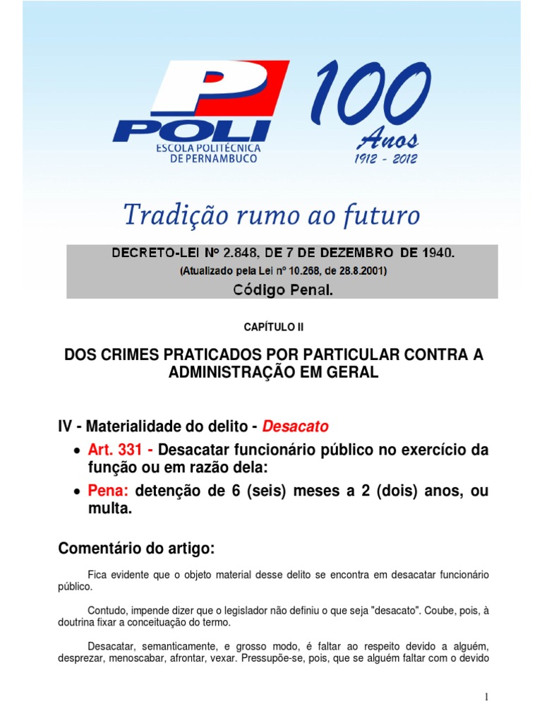 Desacato A Funcionário Público - Código Penal - Art. 331 | Intenção ...