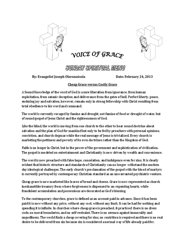Cheap Grace Versus Costly Grace PDF Grace In Christianity Salvation
