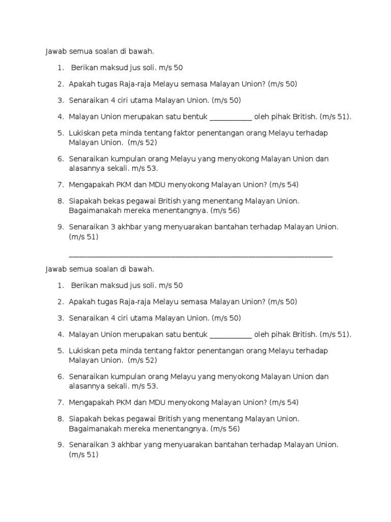 Jawab Semua Soalan Di Bawah Malayan Union  PDF