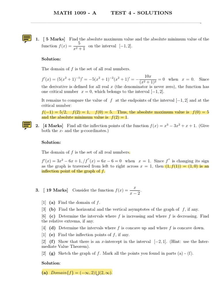 MATH1009 Test 4 Solutions | PDF | Maxima And Minima | Function ...