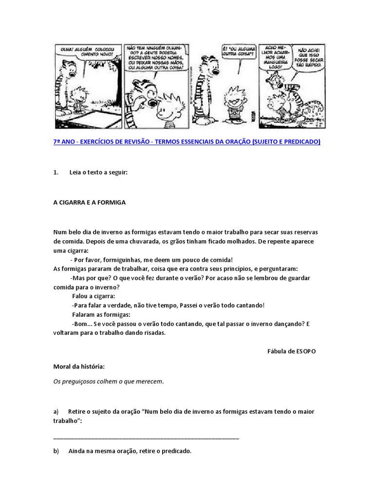 Exercicios Termos Essenciais Da Oração Sujeito E Predicado