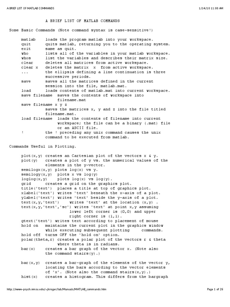 1/14/10 11:00 AM A Brief List of Matlab Commands | PDF