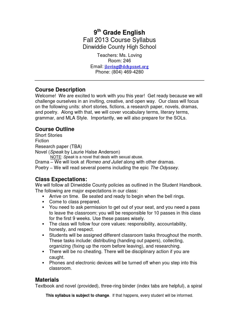 fall 2013 course syllabus 9 grade english syllabus