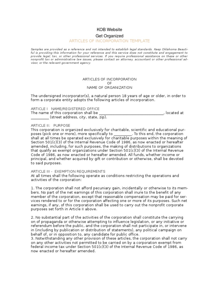 articles of incorporation template | pdf | 501(c) organization